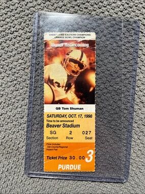 1998 Penn State VS Purdue ticket stub featuring QB Tom Shuman